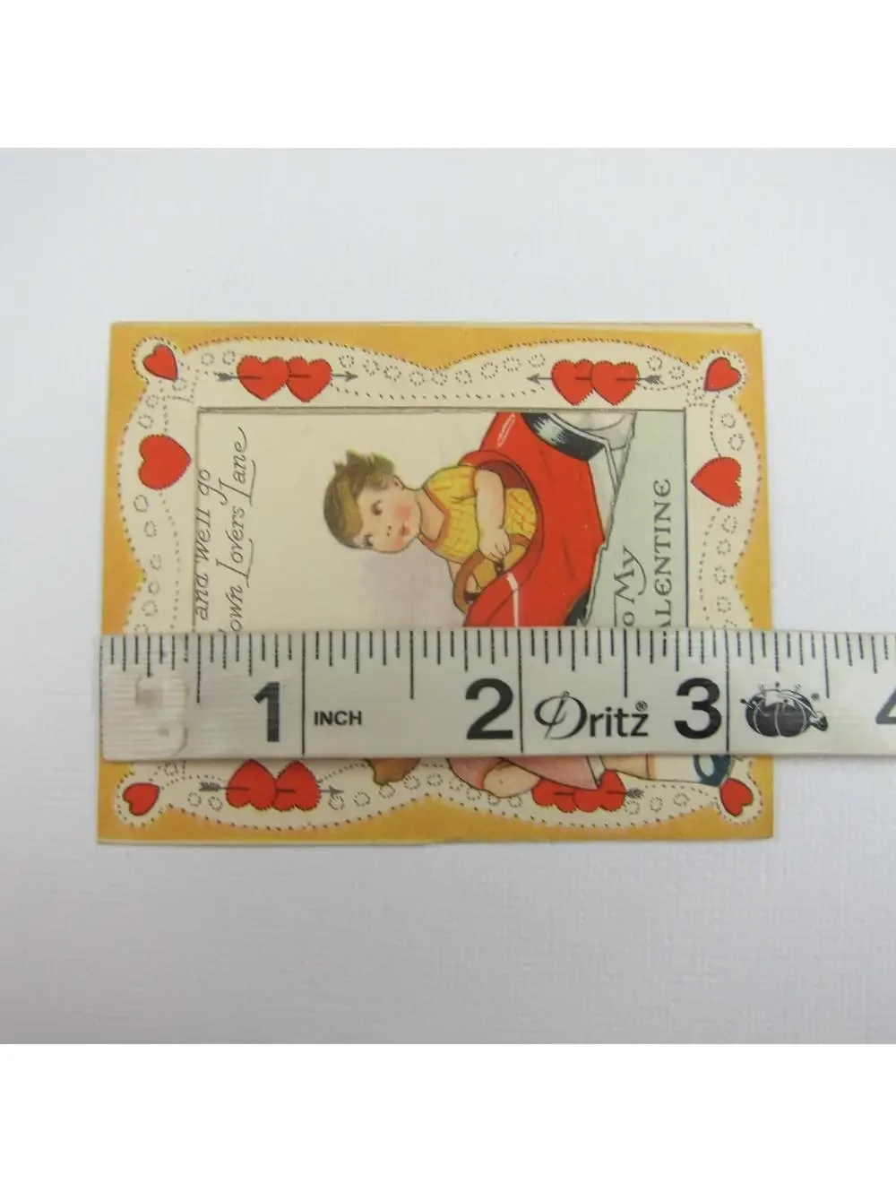 Vintage Valentine  Window Cutout Blonde Girl Boy Red Car Lovers Lane UNSIGNED